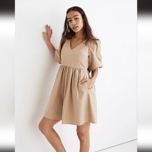 Madewell Poplin V-Neck Bubble-Sleeve Mini Dress Toasted Sesame Size 2